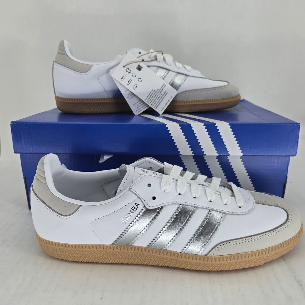 Adidas Samba OG W White Silver Metallic Grey Shoes JI2725 Womens Size 8 New - Picture 2 of 10